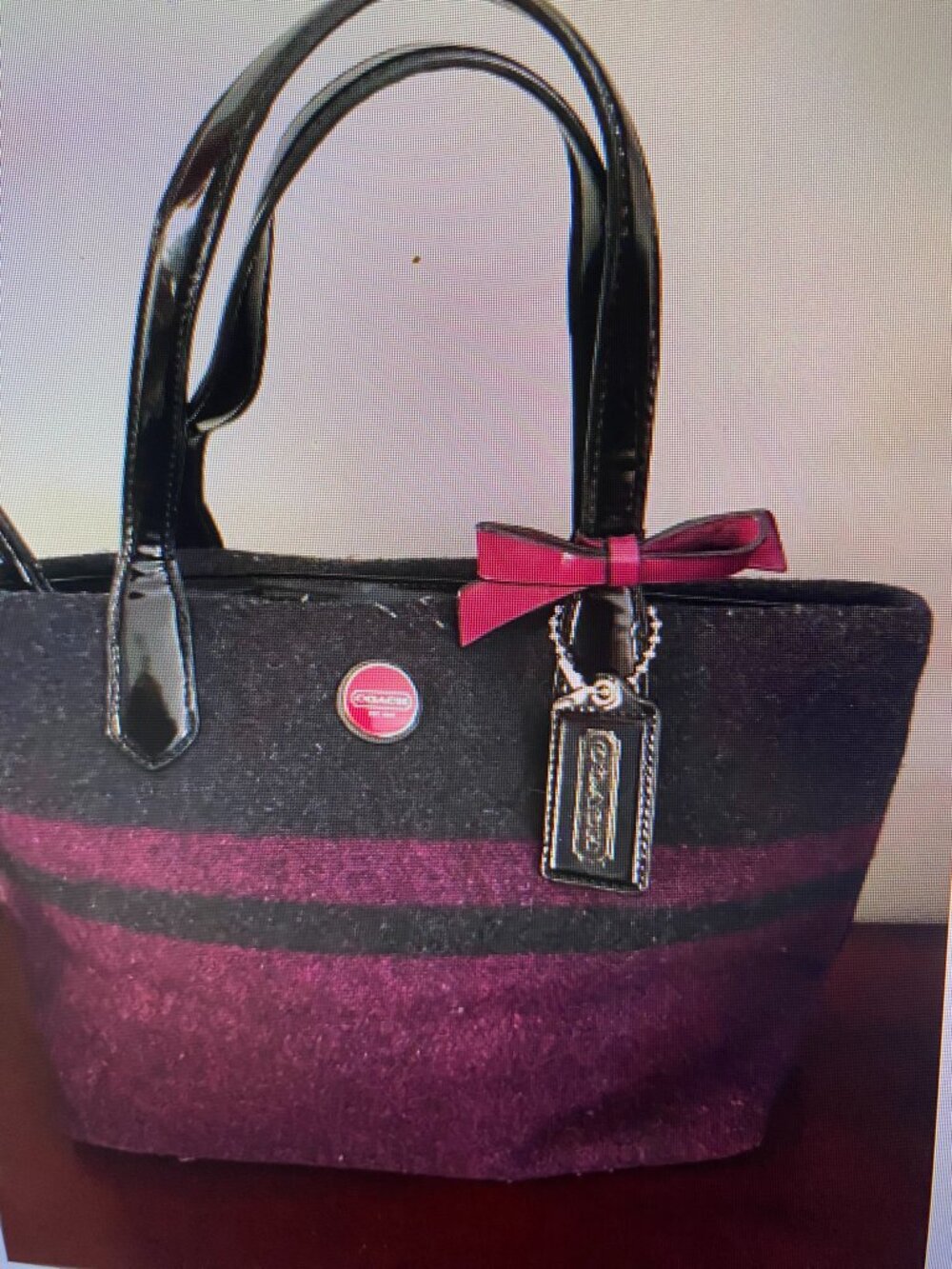 COACH SIGNATURE STRIPE WOOL Passion Berry Satchel F24786 Purse Tote Bag